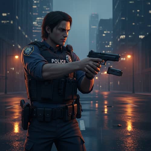 Determined Male Police Officer on Dark City Street