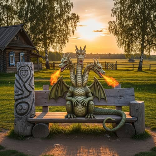 Zmey Gorynych Sitting on Bench in Russian Setting
