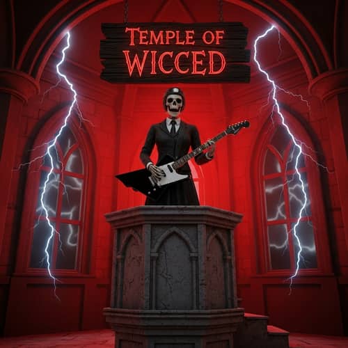 Temple of Wicced: Female Skeleton Preacher Playing Black Fender Stratocaster Guitar