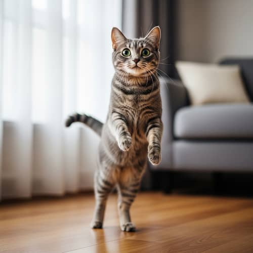 Agile Grey Housecat: Captivating Mid-Leap Moment