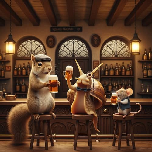 Whimsical Scene: Squirrel, Mollusk, and Mouse Enjoy Pint in Madrid Bar