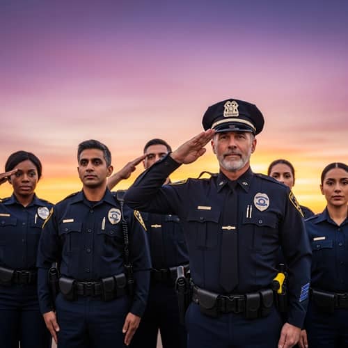 Diverse Group of Police Officers Saluting Against Vibrant Sunset Sky
