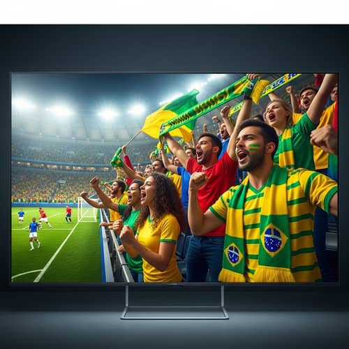 Diverse Group of Soccer Supporters Cheering in Stadium on Flat-Screen TV