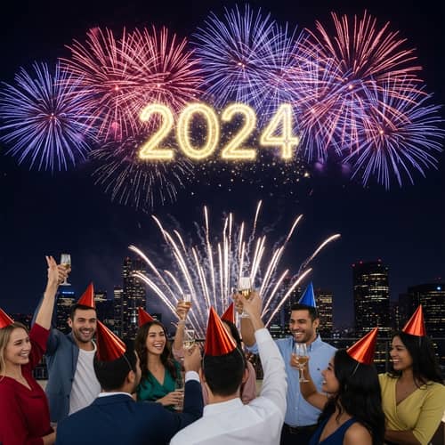New Year 2024 Fireworks Celebration with Diverse People on Rooftop