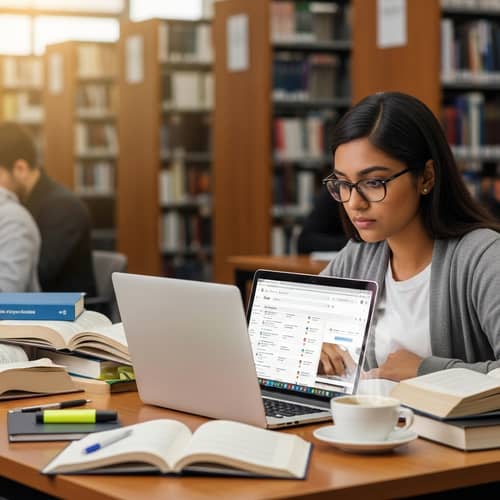 University Student Researching with Google | Library Study Session