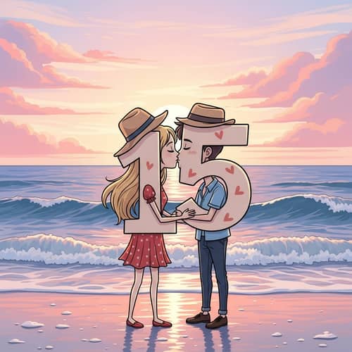 Romantic Number 15 at Beach Setting - Sunset Kiss Cartoon