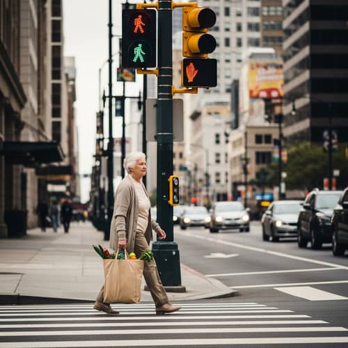 Elderly Woman Crossing City Road with Bag of Groceries