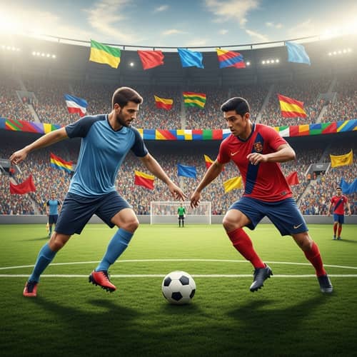 Intense Soccer Match: Male Players Converging for the Ball
