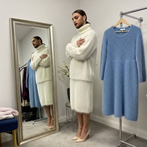 Feminized Thin Man in Angora Sweater - Unique Makeup Style