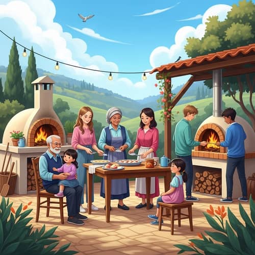 Multicultural Family Preparing Desserts in Idyllic Middle Eastern Village