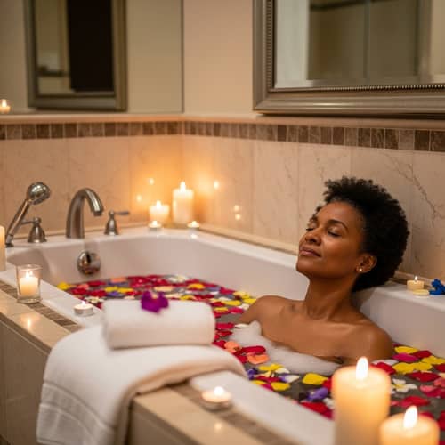 Tranquil Bathing Experience: African Woman in Relaxing Bath