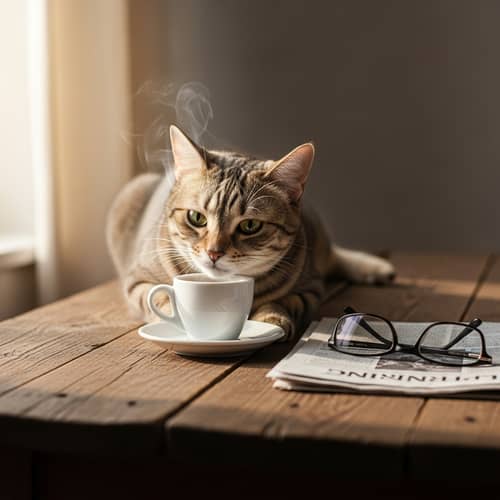 Curious Cat Coffee Scene | Morning Newspaper & Glasses