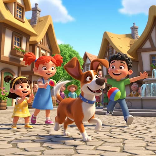 Friendly Dog Playing with Children in Vibrant 3D Animation Friendly Dog Playing with Children in Vibrant 3D Animation