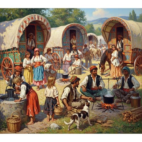 Gypsy Life Painting: Impressionist-style Art with Lively Characters