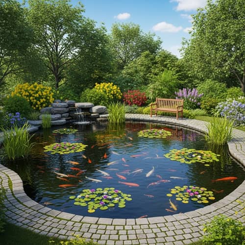 Tranquil Fish Pond Surrounded by Lush Greenery