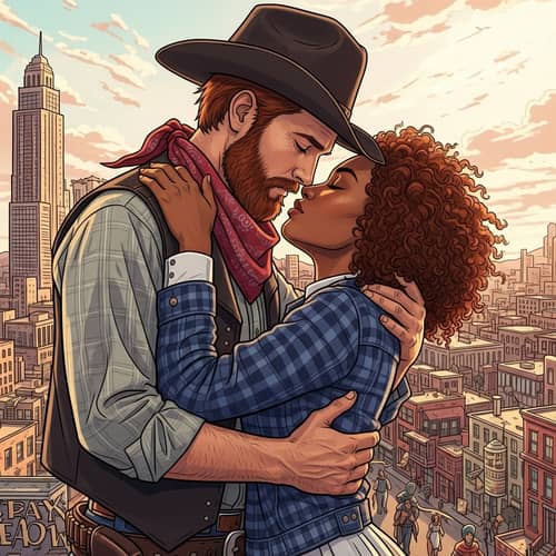 Vintage Cowboy Embracing a Woman in Classic Western Setting