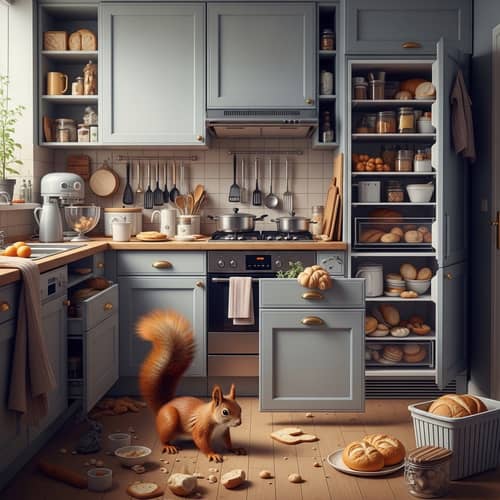 Solitary Red Squirrel in Empty Kitchen | Desolate Scene