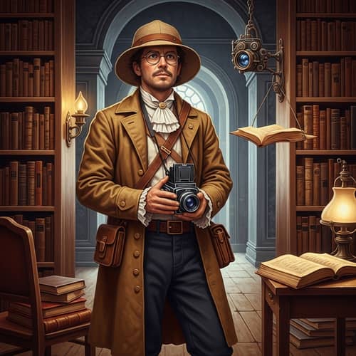 Curious Explorer in Ancient Library - Steampunk Inspired Scene