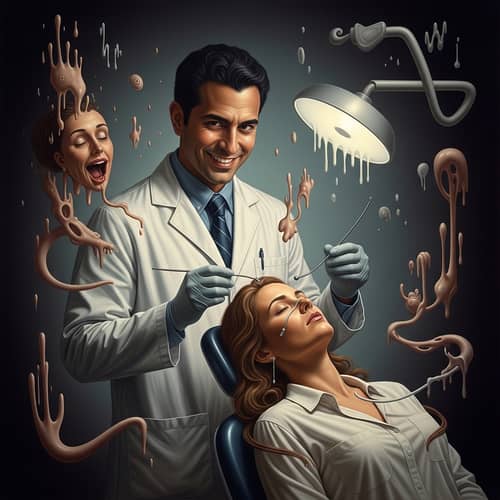Male Hispanic Dentist & Sedated Female Patient in Surrealist Scene