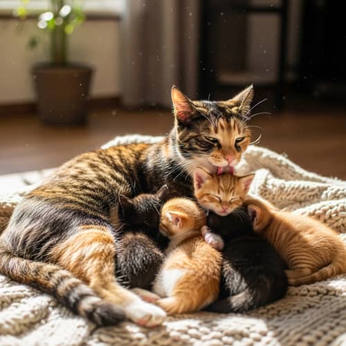 Mother Cat Caring for Kittens - Heartwarming Scene