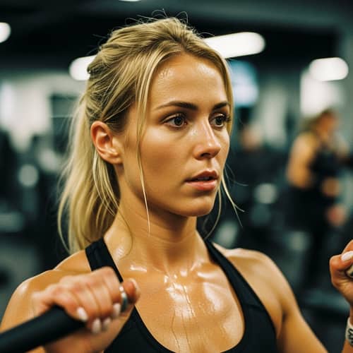 Blonde Caucasian Woman Working Out at Fitness Gym