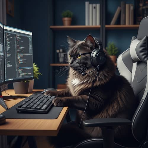 Black Furry Cat in Glasses & Headphones: Gaming Chair Programmer
