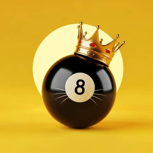 Black 8 Billiard Ball with Crown and Cat Whisker on Yellow Background