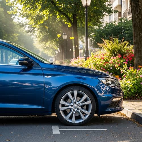 Beautiful Metallic Blue Car Parked on Sunlit Street