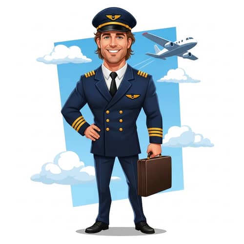 Caucasian Male Pilot Caricature | Full Uniform, Big Smile