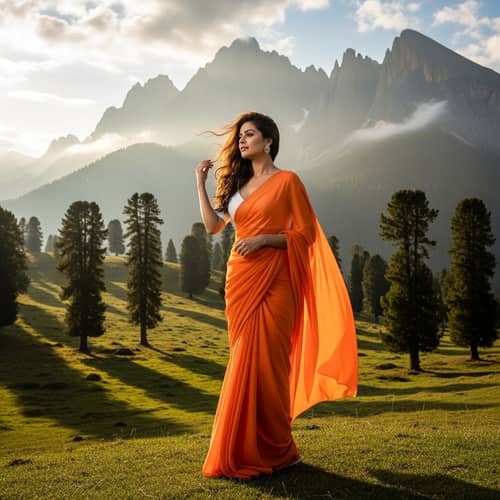 Elegant South Asian Woman in Chiffon Saree | Mountain Serenity