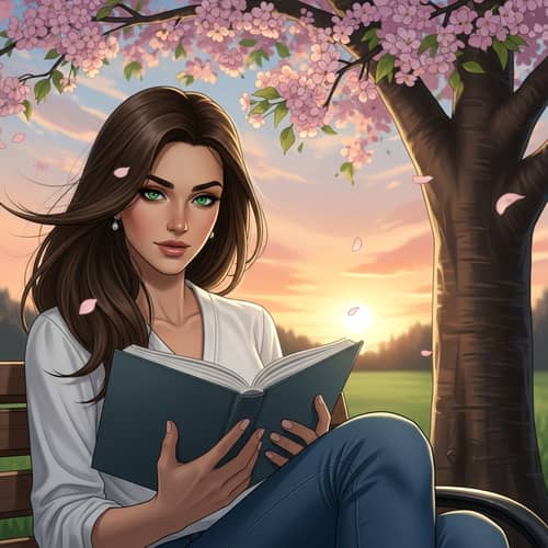 Beautiful Woman Sitting on Park Bench Reading a Book