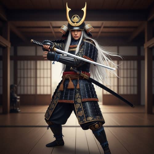 Japanese Samurai Woman in Detailed Black Armor with Katana
