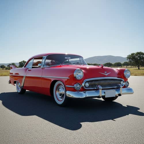 Classic Red Car on Sunny Road | Vintage 1950s Design