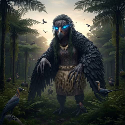 Bird Witch Crone in New Zealand Fern Forest at Sunrise