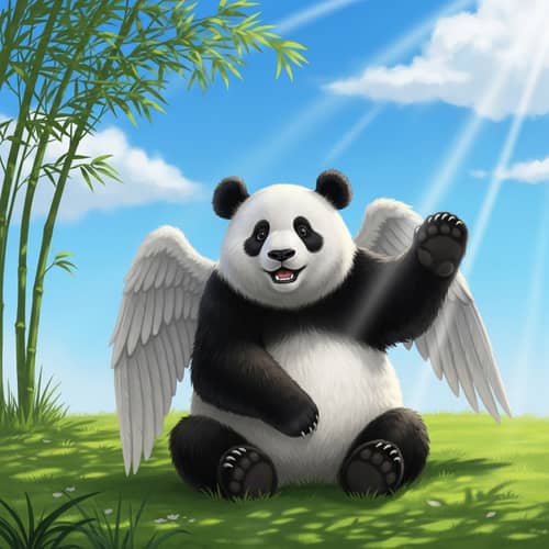 Fluffy Black and White Panda with Wings in Grass Meadow