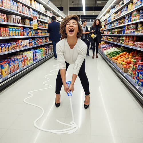 Asian Woman Playfully Squeezes Toothpaste in Supermarket