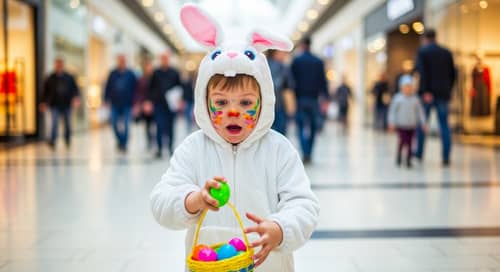 Young Boy in Vibrant Rabbit Costume Searching for Easter Egg in Shopping Mall
