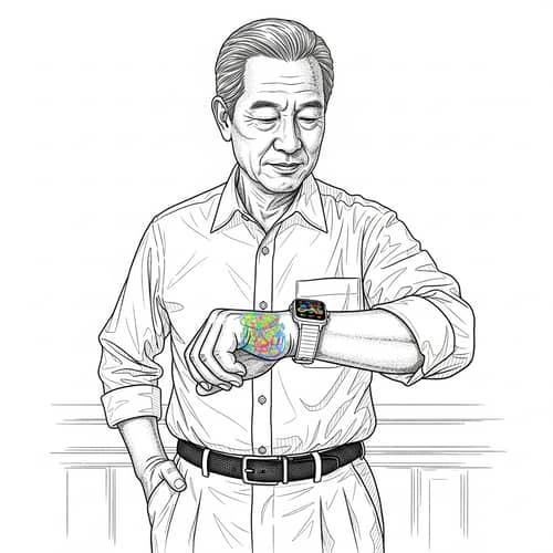 60-Year-Old Asian Male with Smartwatch - Line Art