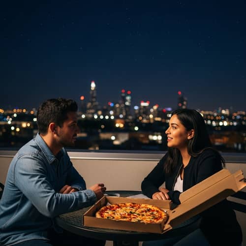 Late Night Rooftop Conversations with Pizza | City View Romance
