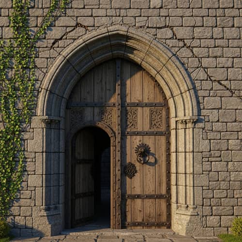 Old Wooden Door with Arch Leading to Castle