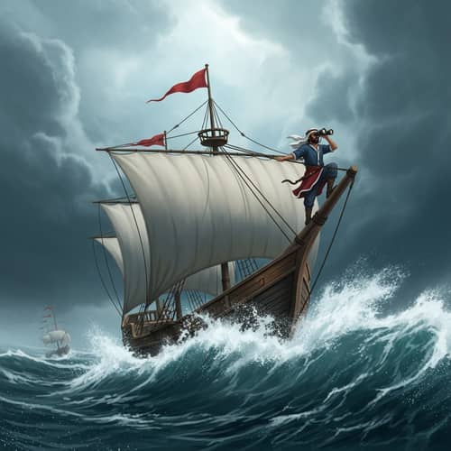 Courageous Middle-Eastern Sailor Guides Ship Through Stormy Seas