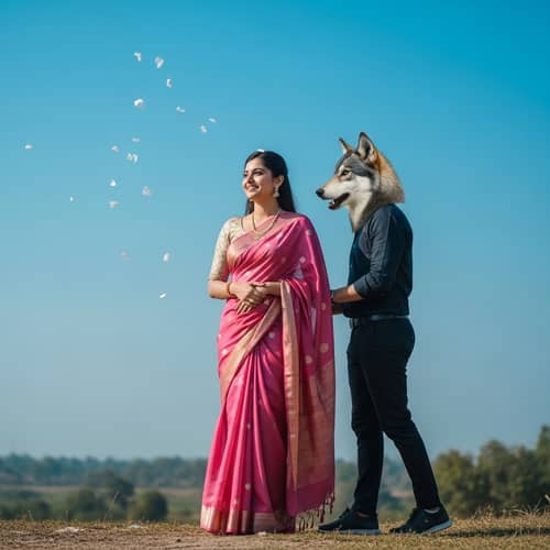 Graceful South Asian Woman in Pink Saree with Wolf-Headed Man in Scenic Landscape