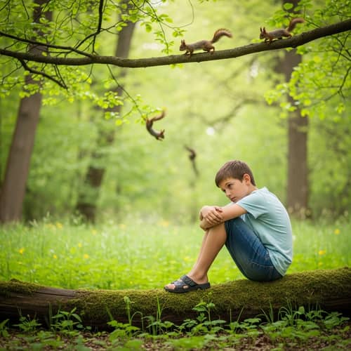Solitary Caucasian Boy in Quiet Forest Clearing