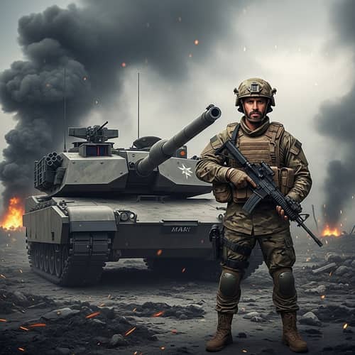 Mars: Roman God as Modern Soldier | Tank & Smoke Background