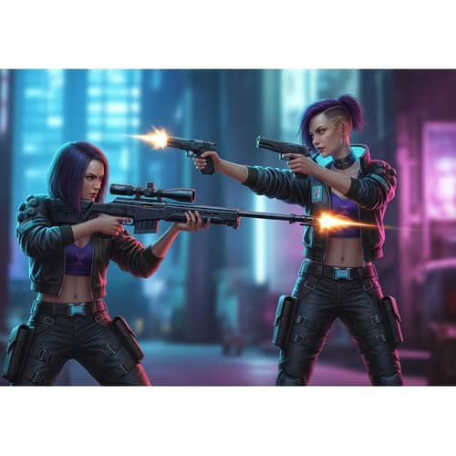 Cyberpunk Female Shootout: Sniper vs. Dual-Wield - Action Scene