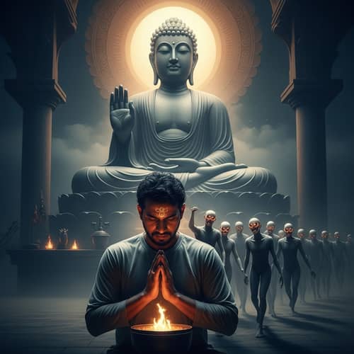 Spiritual Man Meditating with Majestic Buddha Statue