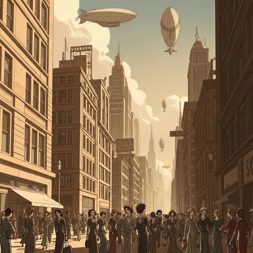 Vintage Urban Scene with Towering Structures & Airships