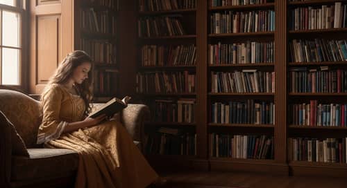 Library Scene with Female Character Reading a Book