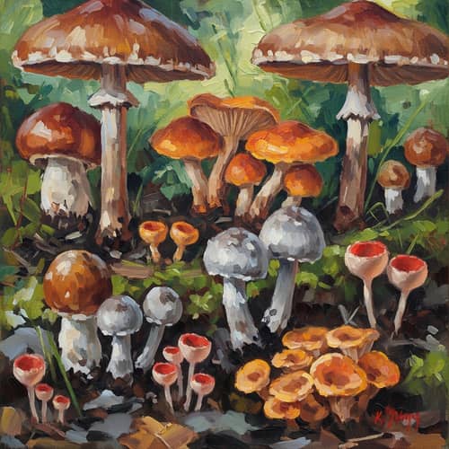 Dynamic Impressionist Oil Painting of Diverse Fungi | Artwork