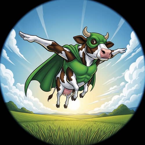 Superhero Cow Soaring Over Sunlit Field | Dynamic Comic Book Art